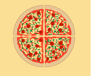 A pizza cut into four quarters.