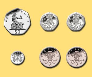 One 50p coin, two 20p coins, one 5p coin, two 2p coins