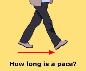 Legs taking a pace forwards. Arrow marks the length. Caption says: 'How long is a pace?'