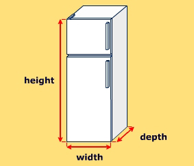 A fridge with height, width and depth marked.