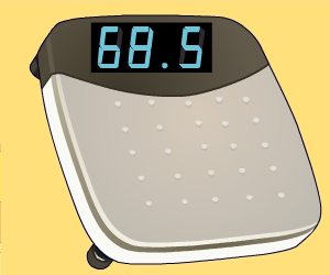 Bathroom scales showing 68.5.