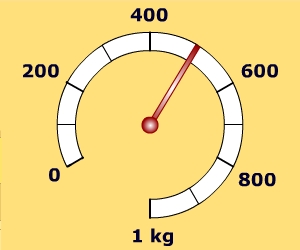 A circular scale labelled every 200 g up to 1 kg. Pointer is halfway between 400 and 600.