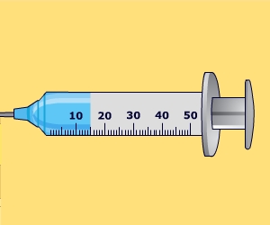 Syringe with scale marked in ml. Liquid to halfway between 10 and 20.