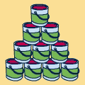 10 tins stacked in a pyramid. Bottom row 4 tins, second row 3 tins, third row 2 tins, top row 1 tin.