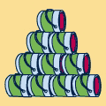 10 tins lying on curved surfaces, stacked in a pyramid. Bottom row 4 tins, second row 3 tins, third row 2 tins, top row 1 tin.