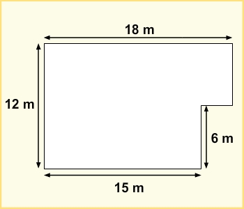 Diagram of a rectangle with a corner cut out bottom right. From the top, dimensions anticlockwise are: 18 metres, 12 metres, 15 metres, 6 metres.