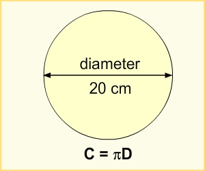 Circle with diameter 20 cm. Formula C = πD.