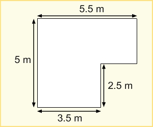 Diagram of a rectangular shape with a small rectangle cut out at the bottom right corner. Dimensions anticlockwise from the top: 5.5 metres, 5 metres, 3.5 metres, 2.5 metres.