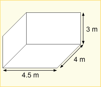 Diagram of section of a room, length 4.5 metres, width 4 metres, height 3 metres.