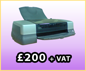 A printer with price label: £200 + VAT.